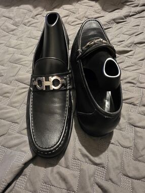 Salvatore Ferragamo David Black Leather Loafers Gancini Horse Bit Size 11.5